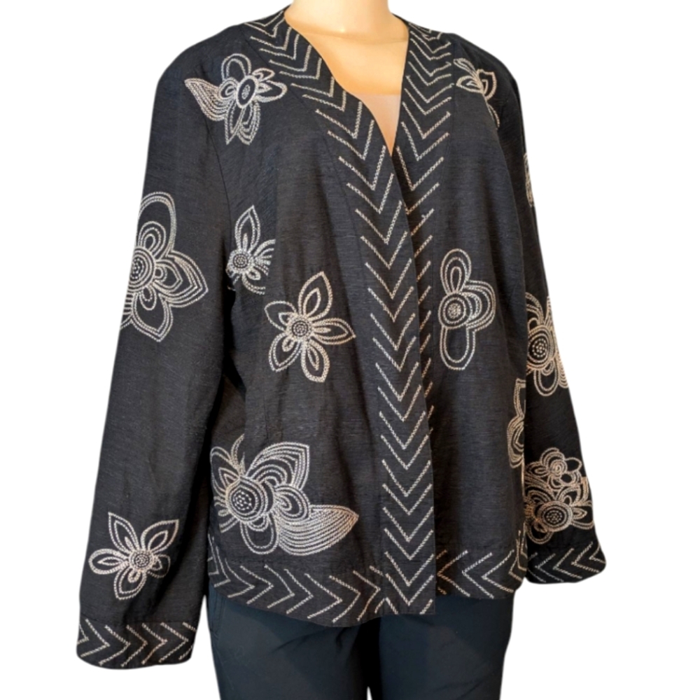 Carole Little Silk Cotton Blend Black White Floral Embroidered Blazer Women's 1X